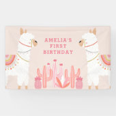 Cute Whole Llama Fun roze First Birthday Party Spandoek (Horizontaal)