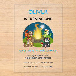 Cute Wild Animals Campfire Kids 1st Birthday Acryl Uitnodigingen