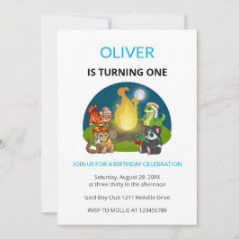 Cute Wild Animals Campfire Kids First Birthday Kaart