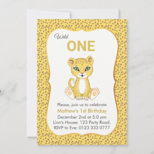 Cute Wild One Luipaard 1e verjaardagsuitnodiging Kaart (Voorkant)