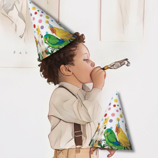 Cute Wild One Tropical Parrots & Confetti Birthday Feesthoedjes