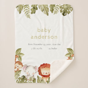 Cute Wild Tropical Safari Animals Baby Birth Stats Sherpa Deken