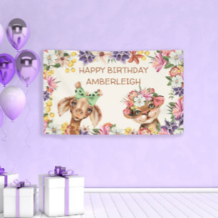 Cute Wilde Dieren Giraffe Bloemen Gelukkige Verjaa Spandoek