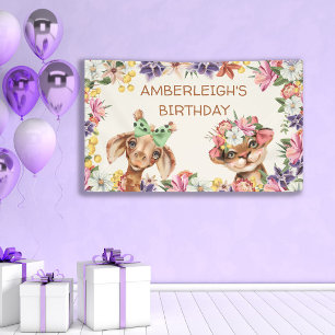 Cute Wilde Dieren Giraffe Tijger Bloemen Verjaarda Spandoek