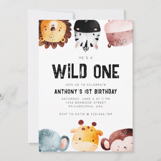 Cute Wilde Eén Safari Dieren Jongen Eerste Verjaar Kaart (Voorkant)