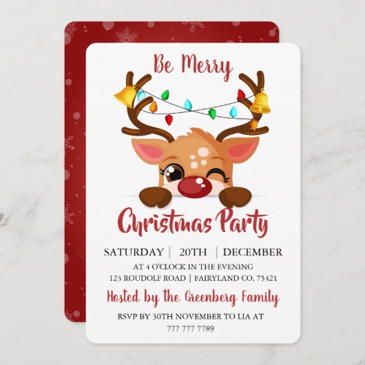 Cute Winking Reindeer Red Nose Christmas Party Kaart (Voorkant / Achterkant)