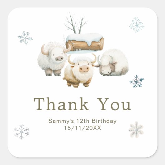 Cute Winter Arctic Cow Birthday Vierkante Sticker (Voorkant)