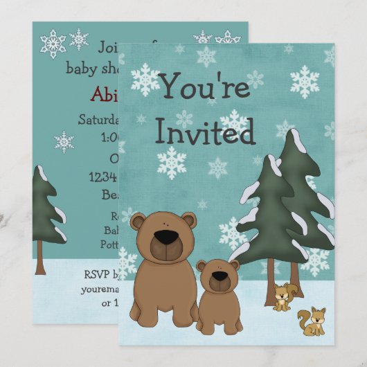 Cute Winter Bears Woodland Baby shower Invitation (Devant / Derrière)