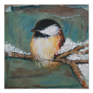 Cute Winter Chickadee Song Bird Painting Foto Afdruk