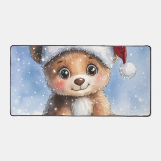 Cute Winter Christmas Santa Bear Cub Watercolor Bureaumat