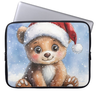 Cute Winter Christmas Santa Bear Cub Watercolor Laptop Sleeve
