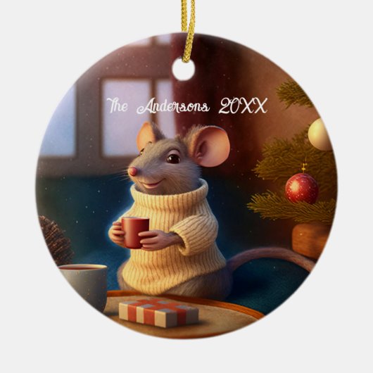 Cute Winter Mouse Drink thee Keramisch Ornament (Voorkant)