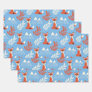 Cute Winter Oranje Fox Mountains Leaf Pattern Inpakpapier Vel