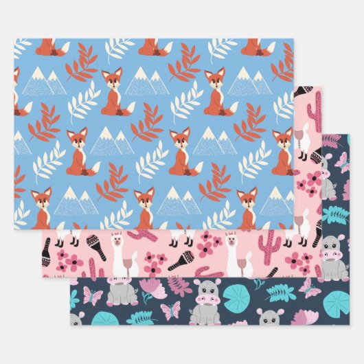 Cute Winter Oranje Fox Mountains Leaf Pattern Inpakpapier Vel (Set)
