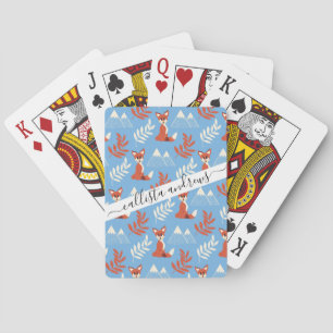 Cute Winter Oranje Fox Mountains Leaf Pattern Pokerkaarten