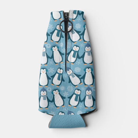 Cute Winter Penguins Design Voeg naam toe Flesjeskoeler (Achterkant)