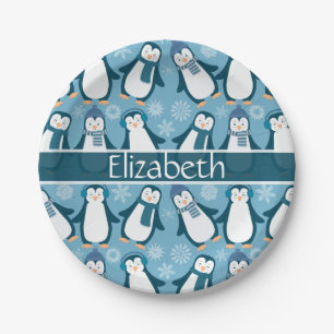 Cute Winter Penguins Design Voeg naam toe Papieren Bordje