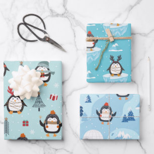 Cute Winter Penguins in Drie Patronen Inpakpapier Vel