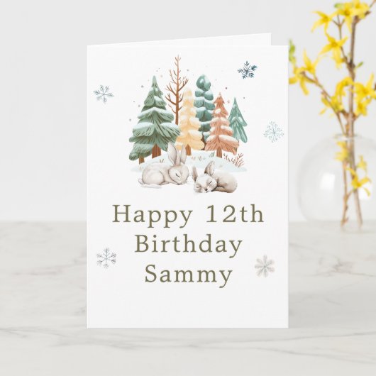 Cute Winter Rabbits Birthday Party Kaart (Gele Bloem)