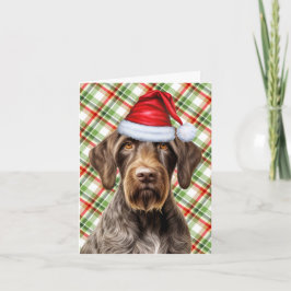 Cute Wirehaired Pointer Santa Dog Red Green Plaid Feestdagen Kaart