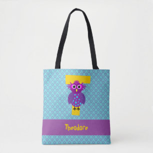 Cute & Wise Paars & Aqua Owl & Stars Monogrammed Draagtas