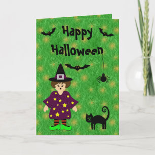 Cute Witch, Cat, Bats & Spider Halloween Card Kaart