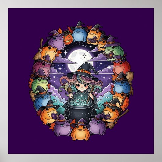 Cute Witch Creating Magical Moments With Toads Poster (Voorkant)
