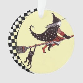 Cute Witch en Cat on Broom Ornament