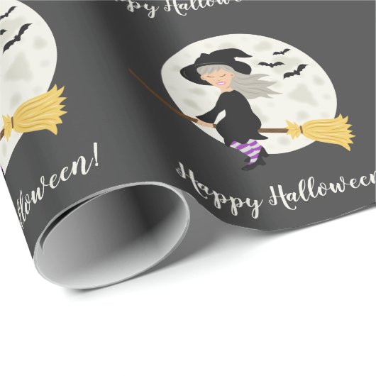 Cute Witch Girl Flying & Happy Halloween Text Cadeaupapier (Rol Hoek)