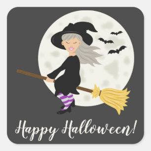 Cute Witch Girl Flying & Happy Halloween Text Vierkante Sticker