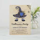 Cute Witch Girls Halloween Kinder Blue Birthday Kaart (Staand voorkant)