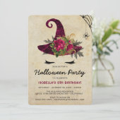 Cute Witch Girls Halloween Kinder Burgundy Birthda Kaart (Staand voorkant)