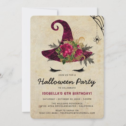 Cute Witch Girls Halloween Kinder Burgundy Birthda Kaart (Voorkant)