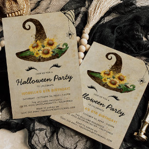 Cute Witch Girls Halloween Kinder Yellow Birthday Kaart