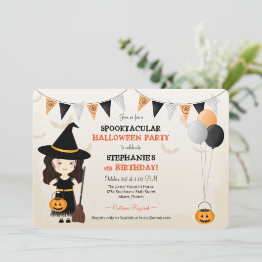 Cute Witch Halloween Party Kaart (Staand voorkant)