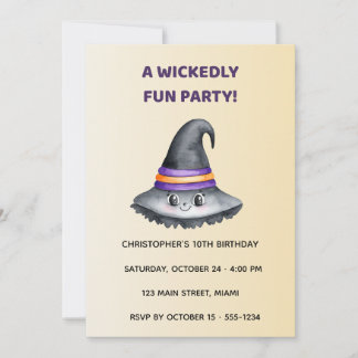 Cute Witch Hat Halloween Birthday Invitation Kids