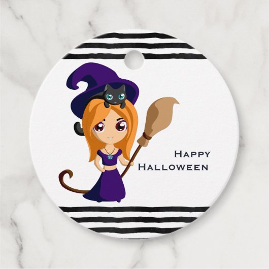 Cute Witch in Paars Pet Halloween Bedankjes Labels (Voorkant)