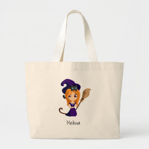 Cute Witch in Paars Pet Halloween Grote Tote Bag