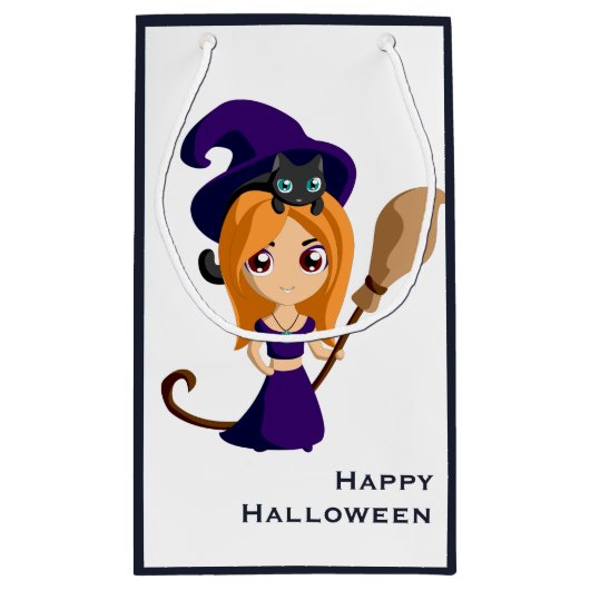 Cute Witch in Paars Pet Halloween Klein Cadeauzakje (Achterkant)