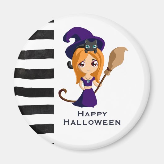 Cute Witch in Paars Pet Halloween Magneet (Voorkant)