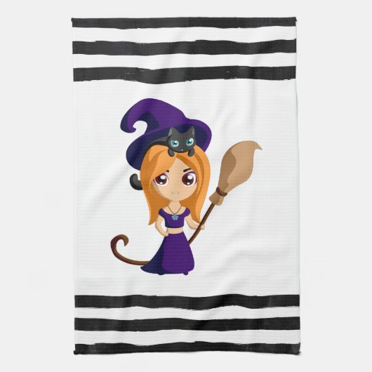 Cute Witch in Paars Pet Halloween Theedoek (Verticaal)