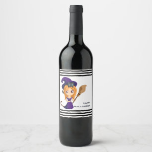 Cute Witch in Paars Pet Halloween Wijn Etiket