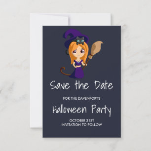 Cute Witch in Paarse Pet Halloween Save the Date