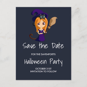 Cute Witch in Paarse Pet Halloween Save the Date Aankondigingskaart