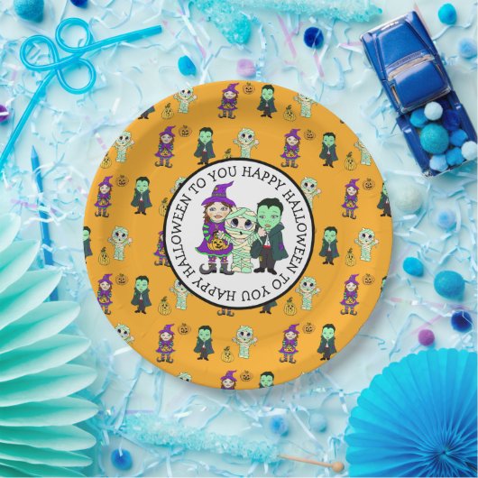 Cute Witch, Vampire en Mummy Halloween Party Papieren Bordje (Feest)