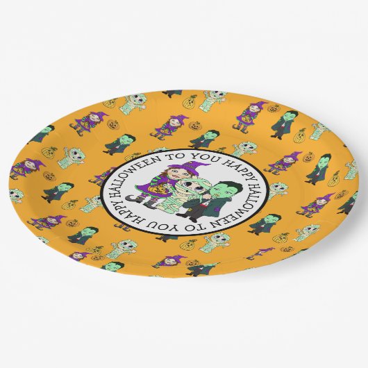 Cute Witch, Vampire en Mummy Halloween Party Papieren Bordje (Gekanteld)