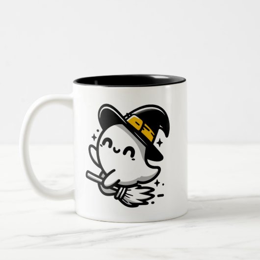 Cute Witchy Ghost on Broom Halloween Mug | Two-Sid (Gauche)