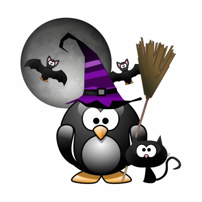 Cute Witchy Penguin met Halloween Scene Staand Fotobeeldje (Voorkant)