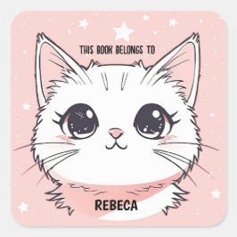 Cute Witte Kat Roze Sterren Vierkante Sticker