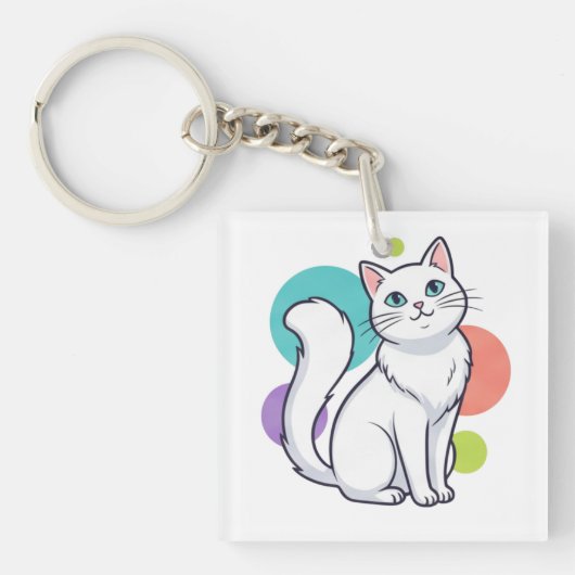 Cute Witte Kat Zittende Grafische T-shirt Sleutelhanger (voorkant)